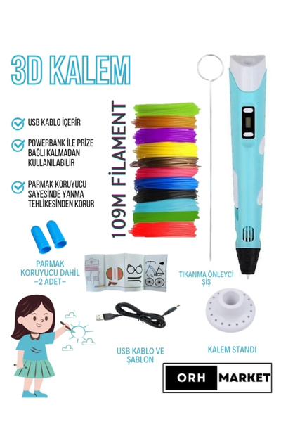 ORH Market Mavi 3d Kalem 3d Pen Yazıcı Kalem – Çok Renkli Pla Filament (TOPLA...