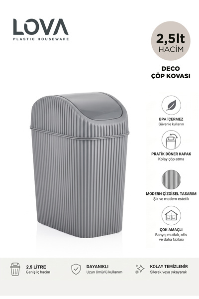 Lova 2,5 lt Mini Mutfak,Masa,Banyo Tezgah Üstü Çöp Kovası (Gri)