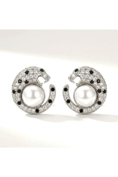 Siya Silver Special Series Zircon Stone Leopard Figured Pearl Stud Earrings -...