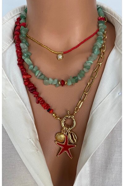 Trend Jewellery ÜÇ KOLYELİ SET Kırmızı Mercan Yeşil Aventurin Çelik Zincir Yı...