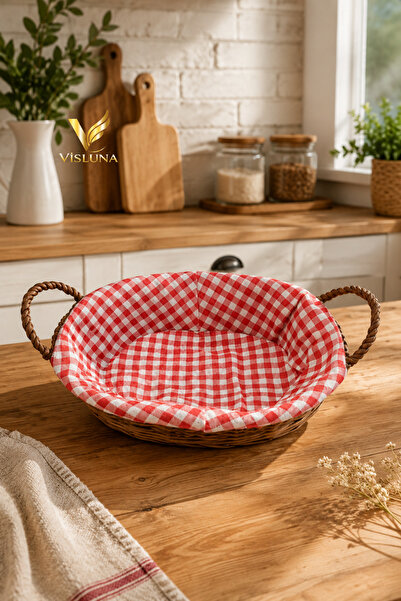 VİSLUNA Hasır Piknik Sepeti Kulplu Bezli Oval Ekmek Sepeti Çok Amaçlı Sepet 27x21x8