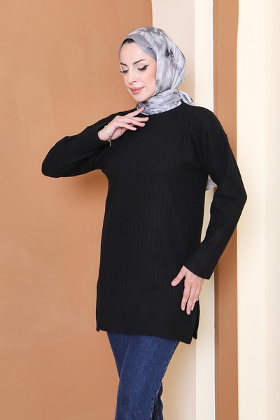 TOFİSA İnterlok Yırtmaçlı Tunik - 27803-SIYAH