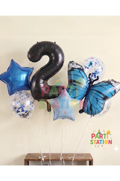 Parti Station Blue Butterfly 2 Year Old Balloon Set Star Balloon Foil Set But...