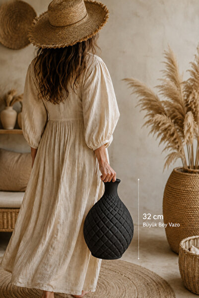 Lui Tasarım Black Elegant Vase Square Patterned High-Necked Nordic Style Bohe...