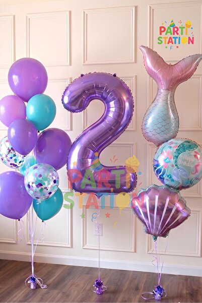 Parti Station Mor Rakam Balon 2 Yaş Deniz Kızı Temalı Doğum Günü Parti Kutlam...