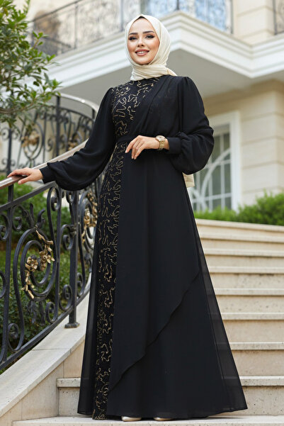 Neva Style Şifon Detaylı Pul Payet Gold Tesettür Abiye Elbise 5516GOLD