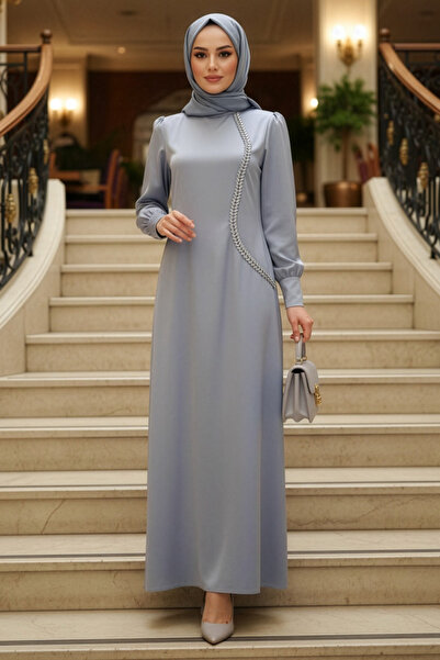N.S NEVA STYLE - Bead Detailed Gray Hijab Satin Evening Dress 62281Gr