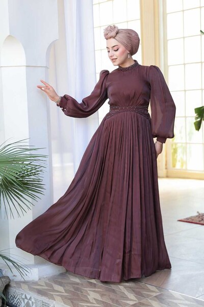N.S NEVA STYLE فستان سهرة بحجاب بني مزين بالخرز 52751KH
