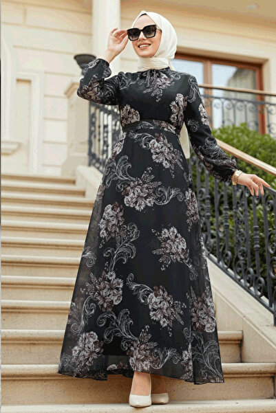Neva Style فستان حجاب أسود منقوش بالزهور 279013S