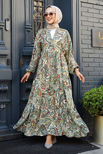 Neva Style Khaki Patterned Hijab Dress - 23585hk