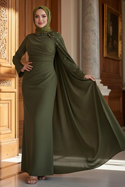 N.S NEVA STYLE فستان سهرة كاكي محتشم بعباءة 54781HK