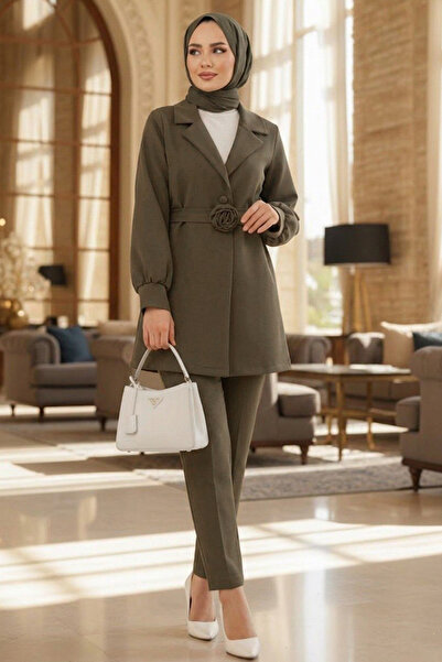 N.S NEVA STYLE Μπουφάν Χακί Hijab Διπλό Σετ 61851HK