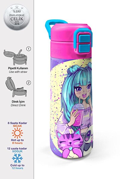 Coral High Kids Purple Pink Anime Girl Patterned Straw and Direct Drinking St...