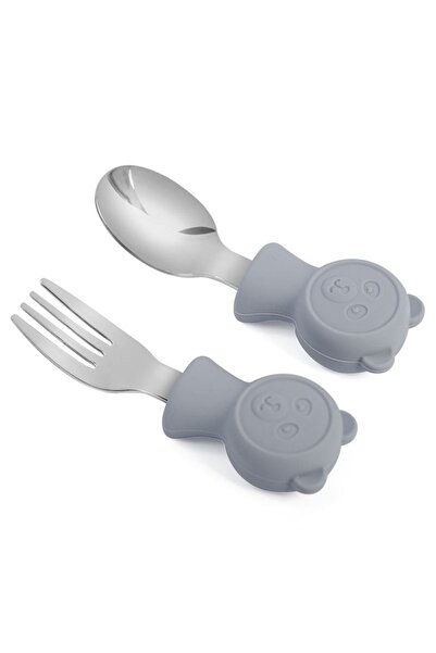 Chavin 304 Çelik Gri Bebek Ayıcık Model Çocuk Kaşık ve Çatal Set cin766gr