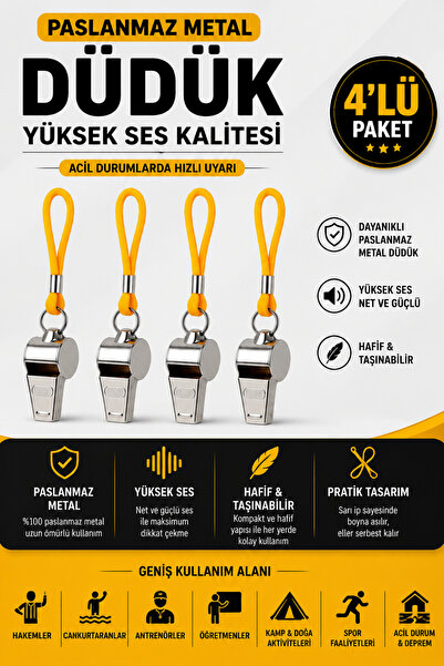 Impress 4 Adet Kaliteli Sarı İpli Paslanmaz Metal Deprem Düdüğü, Hakem, Can K...