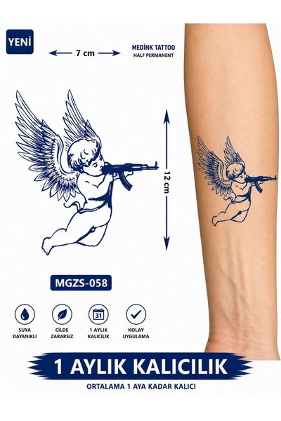 medink tattoo 1 Ay Kalıcı 24 Saat Sonra Kararan Melek ve Ak-47 Dövme Geçici T...