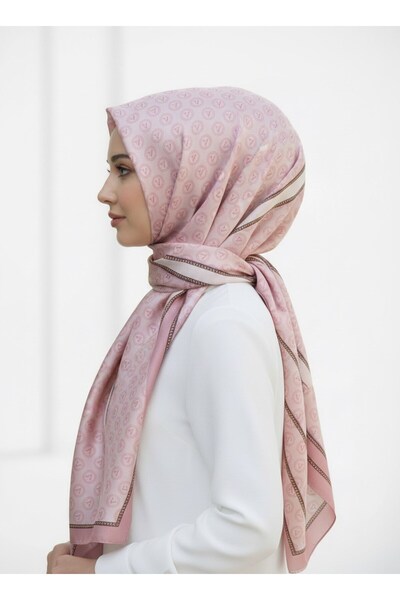 Vissona %100 Saf İpek Şal İnce Saten Vual Dokuma Monogram Desenli Pudra - Kre...