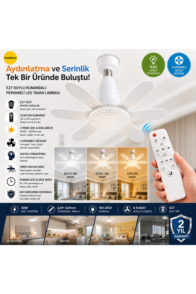 Laraheiser E27 Duylu Kumandalı 6 Kanatlı Pervaneli Led Tavan Lambası 65W 3 Renk Işıklı Fanlı Avize Sessiz Çalışan Sinek Kaçıran