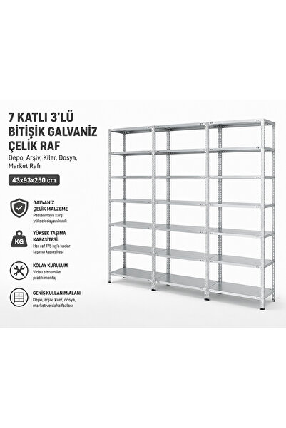 ALANRAF 7 Katlı 3'lü Bitişik Galvaniz Çelik Raf - Depo, Arşiv, Kiler, Dosya, ...