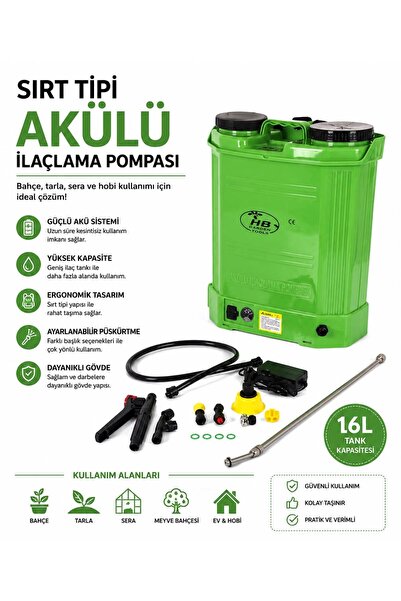 HB Garden Tools 16 Lt Şarjlı Akülü Turbo Sırt İlaç Pompası Makinası