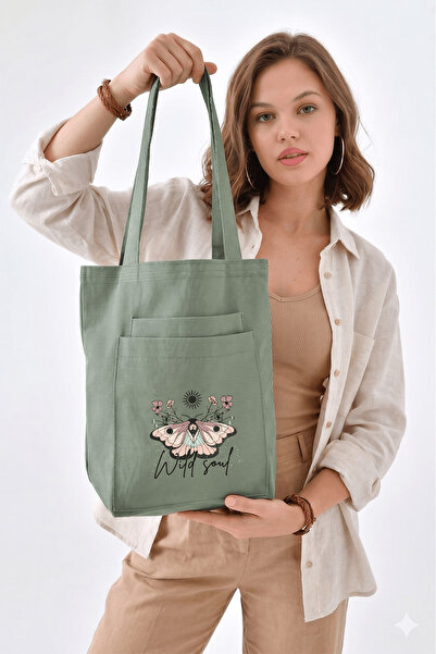 Çınar Bez Çanta 2 Cepli Wild Soul Baskılı Mint Yeşili Gabardin Çanta