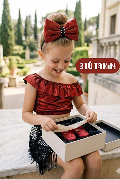 Hilal Akıncı Kids Djevojačka folijska crvena bluza Sa resama set suknje i kru...