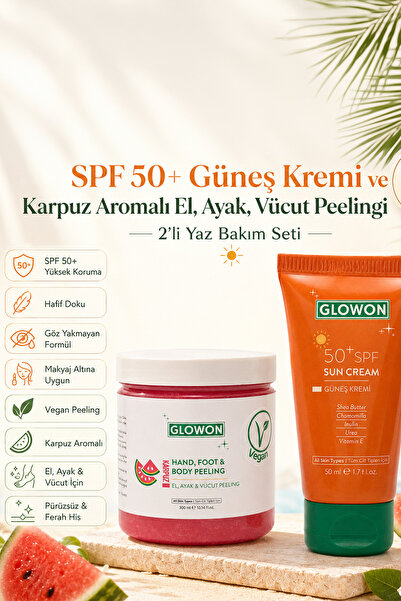 GLOWON SPF 50+ Güneş Kremi ve Karpuz Aromalı El, Ayak, Vücut Peelingi 2’li Ya...