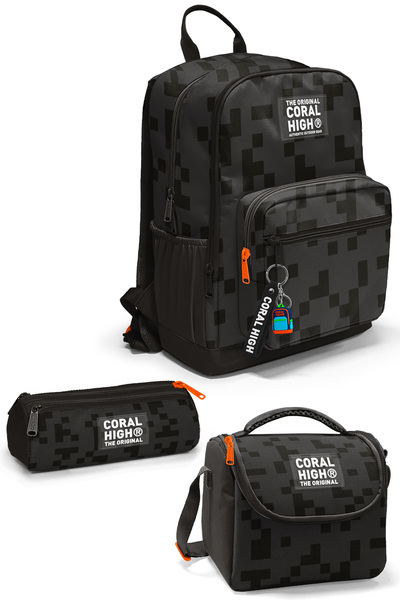 Coral High Black Block Patterned 3-Piece School Bag Set Set0123694