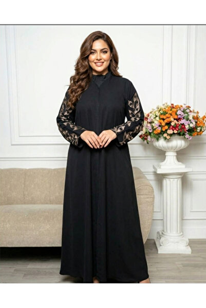 WED Linen Abaya with Quarter Cuff Design with Embroidery on Sleeves Beige Color