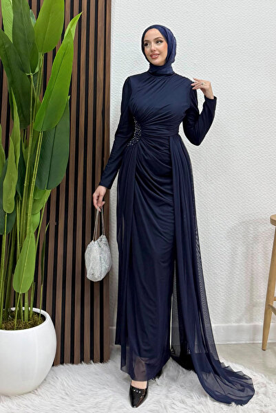 Bead Detail Tulle Evening Dress Navy Blue