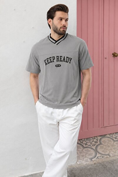 Madmext Painted Gray V-Neck Printed Short Sleeve Overfit T-Shirt 7039