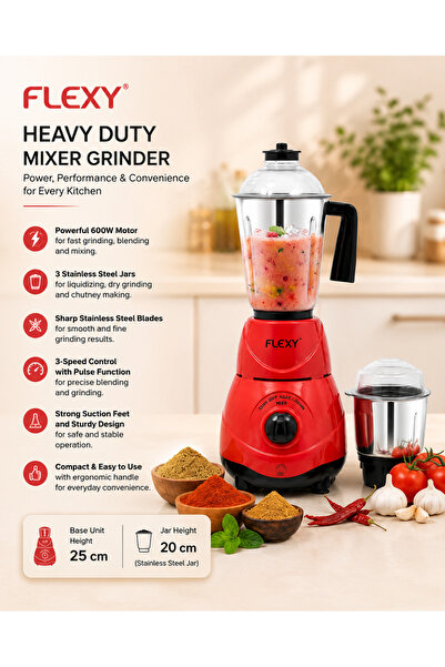 flexy Heavy Duty Mixer Grinder 600W with Stainless Steel Jars, 3 Speed Contro...