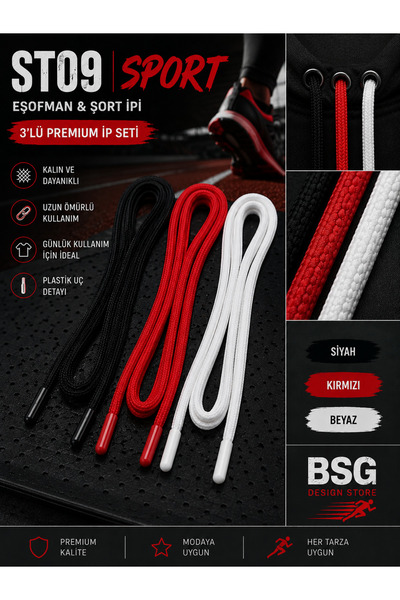 BSG Design Store ST09 SPORT Hoodie İpi 3'lü Set 110 cm Siyah Kırmızı Beyaz Premium