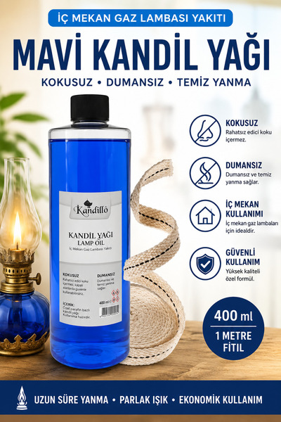 Kandillo Mavi Kandil Yağı Kokusuz Dumansız Iç Mekan Gaz Lambası Yakıtı 400 ml...