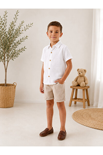 Kidscocuk Boy's Shirt Shorts Set 2-Piece Set Muslin Shirt Linen Shorts Folded...