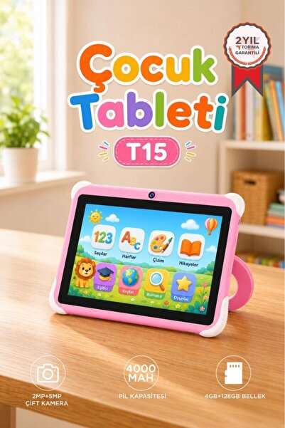 Torima Tablet 4GB 128GB Kılıf Hediyeli Çocuk Tableti T15 Pembe