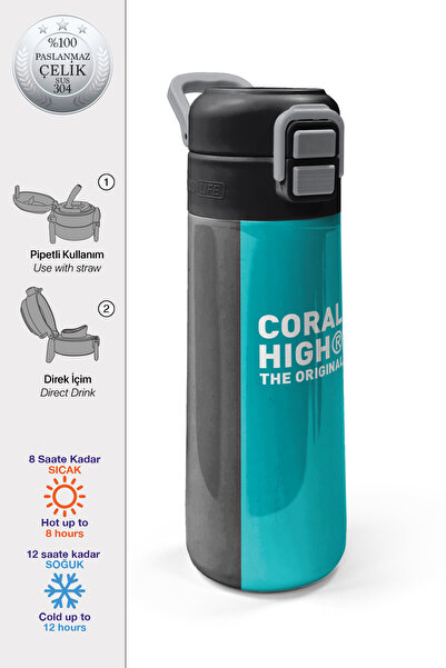 Coral High Kids Renkli Çizgili Desenli Pipetli ve Direkt İçim Çelik Termos 50...