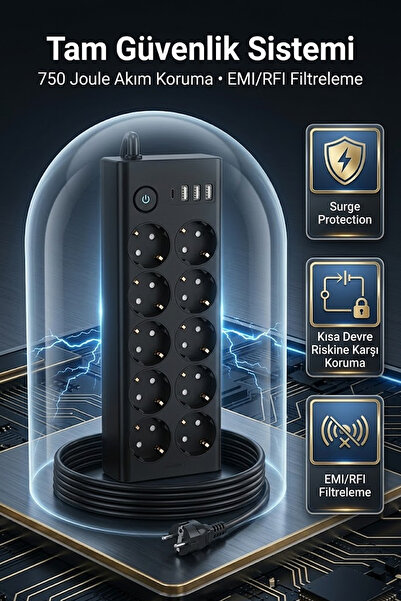 The Wlue 10'lu Akım Korumalı Priz | 3680 Watt Koruma | 16A | 3 USB + 1 Type-C | Anahtarlı | 2 Metre