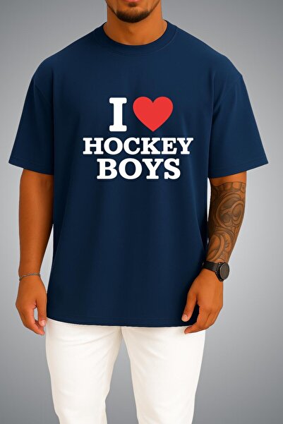 Bahriyeli Collection Oversize Off Campus I Love Hockey Boys Chest Printed Whi...