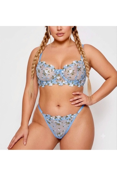 RUYAZ Plus Size Blue Floral Embroidered Transparent Tulle Bra Panty Set C Cup...