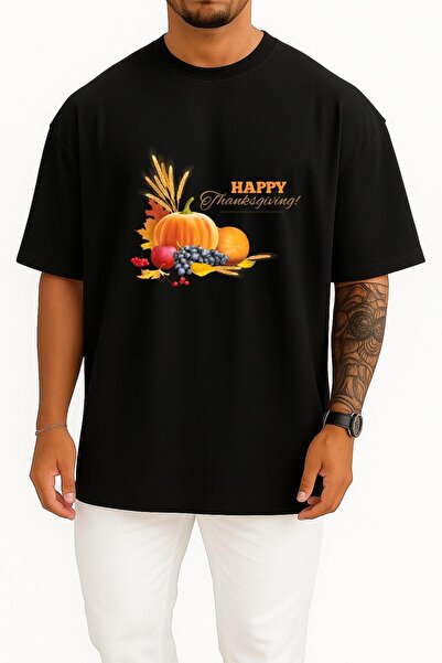 Bahriyeli Collection تي شيرت قصة فضفاضة Happy Thanksgiving Fruits Thanksgivin...