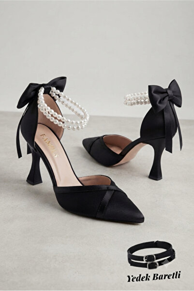 Famels Short Heeled Shoes Pearl Shoes Black Satin Evening Dress Shoes Evening...