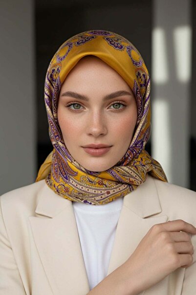 Vissona شال حريري من نسيج التويل 100% بنمط ذهبي اللون مقاس 90x90 طريقة الخياط...
