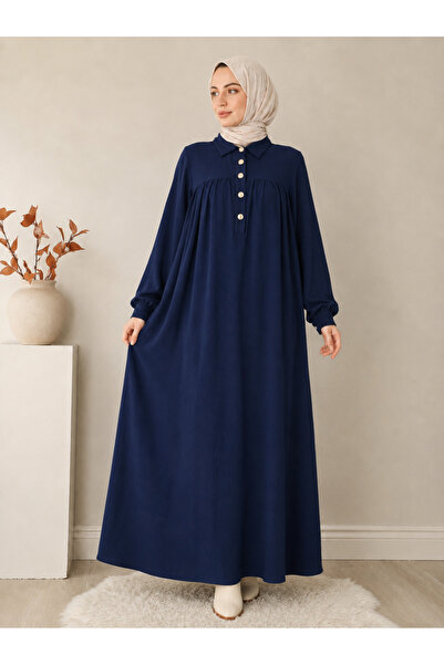 OKTAYUSTA COLLECTİON Önü Yarım Pat Düğmeli Gömlek Yaka Robalı Mevlana Elbise Lacivert