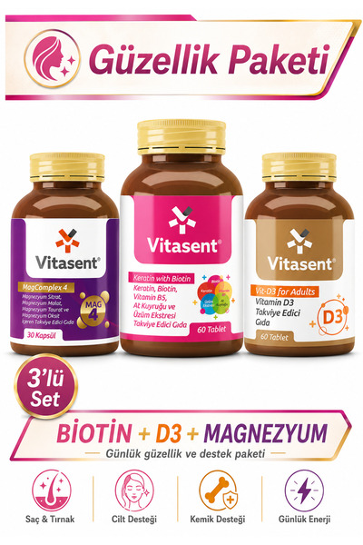 VİTASENT Güzellik Paketi - Biotin Keratin - Magnezyum Kompleks ve D3 - Cilt v...