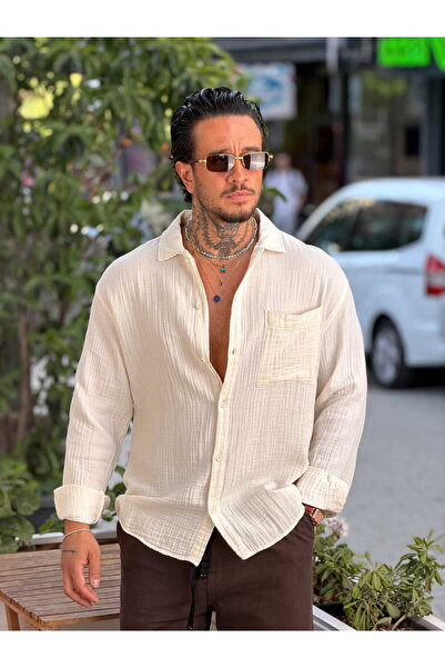 manch collection Tek Sa džepovima Oversize kroj Muslin košulja krem boje