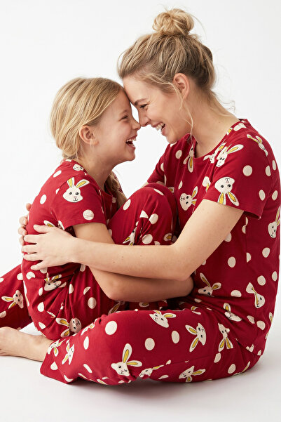 Siyah İnci Bordo Tavşan Desenli Pamuklu Örme Pijama Takım