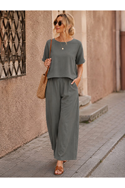 Generic Women'S Casual Pantsuit - Elegant Solid Color, Crew Neck, Short Sleev...