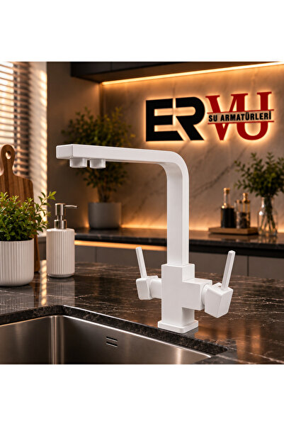 Ervu Yapı Beyaz Arıtmalı Kare Eviye L Boru Mutfak Bataryası (Sıcak Soğuk Giri...