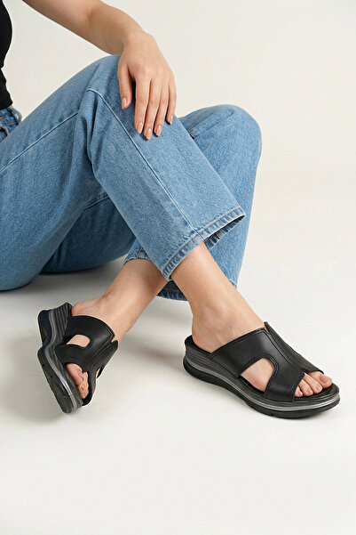 Ziya , Women's Genuine Leather Wedge Slippers 1611020Z2565 Black